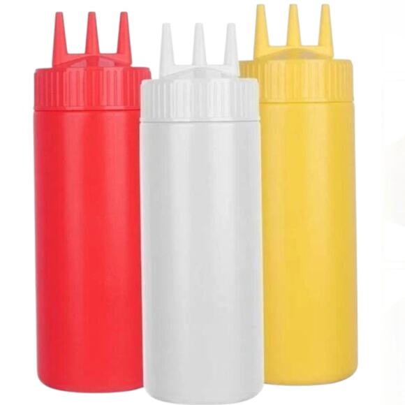 3pcs Seasoning 3-Hole Squirt Squeeze Bottles, 24 oz Red/Yellow/White 9"H x 2.5"D - Picture 1 of 5
